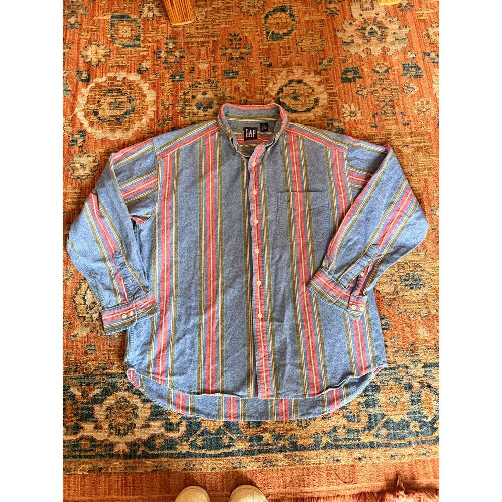 90’s GAP Vertical Striped Button up Blue and Red Cotton Shirt XL